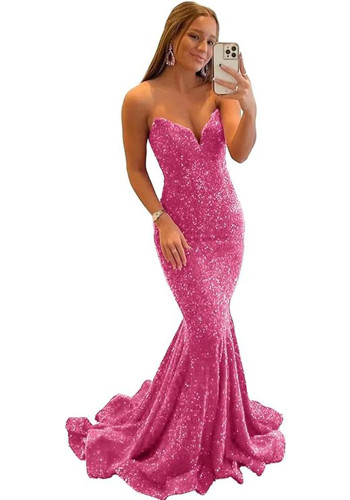 Women Sequined Ball Party Fishtail Shining V Neck Evening Dress