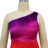 Women Printed Slash Shoulder Pleated Dress