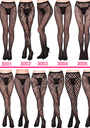 Women Vertical Stripe Hollow Lace Jacquard Basic Tights