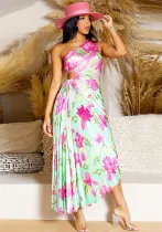 Women Printed Slash Shoulder Pleated Dress