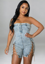 Women copper chain sexy off-shoulder denim jumpsuit