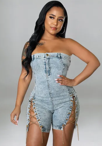 Women copper chain sexy off-shoulder denim jumpsuit