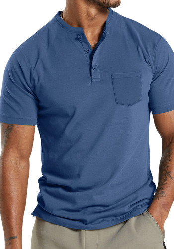 Men's Solid Button Stand Collar Short Sleeve T-shirt