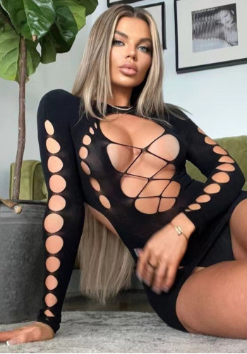 Women sexy long sleeve Backless Ripped irregular mesh jumpsuit Sexy Lingerie