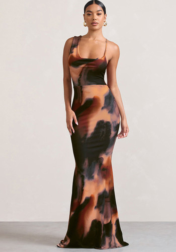 Women's Summer Chic Elegant Print Slim High Waist Fishtail Long Dress