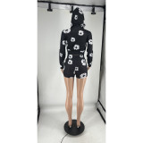 Women's Spring Summer And Autumn Trendy Prints Fashion Sports Long Sleeve Hooded Top Shorts Two Piece Set