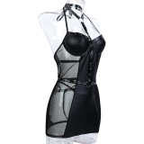Women black pu-leather halter neck sexy lingerie two-piece
