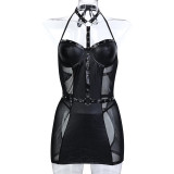 Women black pu-leather halter neck sexy lingerie two-piece