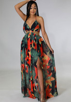 Women's Floral Printed Halter Blackless Slit Maxi Dress