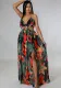 Women's Floral Printed Halter Blackless Slit Maxi Dress
