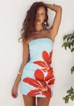 Women's Summer Casual Strapless Flower Print Slim Mini Dress