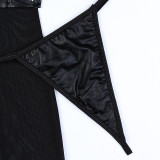 Women black pu-leather halter neck sexy lingerie two-piece