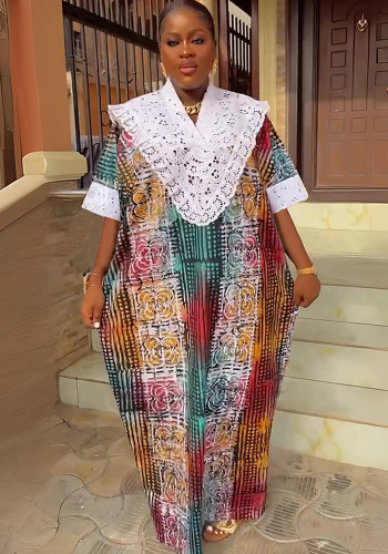 Muslim Women's Lace Patchwork Printing Robe Africa Plus Size Dress