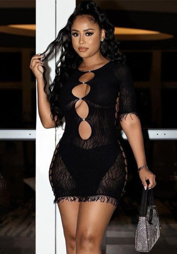 Women's Solid Color Round Neck See-Through Mesh Patchwork Slim Sexy Hollow Half-Sleeve Lace Night Dress