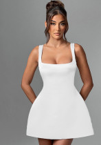 Women's Summer Solid Color Elegant Strap High Waist A-Line Short Dress