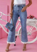 Lace Patchwork High Waist Slim Flared Denim Pants