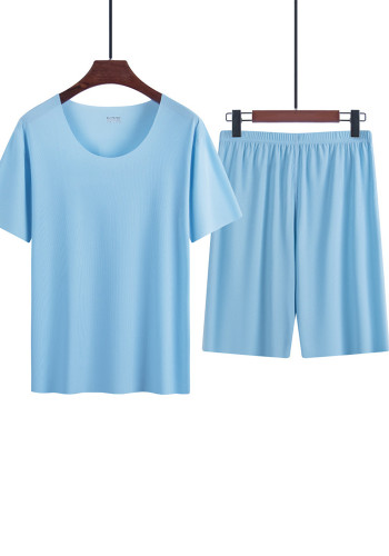 Ice Silk Pajamas Men's Summer Home Clothes Seamless Round Neck Short-Sleeved Men's T-Shirt Shorts Set