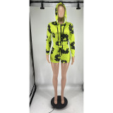 Women's Spring Summer And Autumn Trendy Prints Fashion Sports Long Sleeve Hooded Top Shorts Two Piece Set