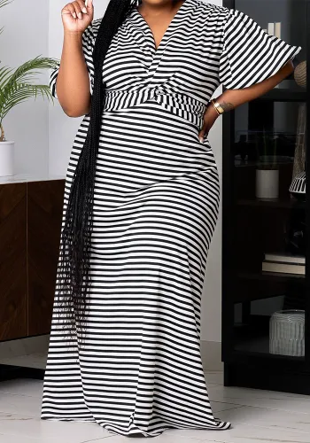 Plus Size Women summer casual cross loose striped short sleeve maxi dress