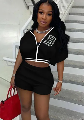 Women Summer Solid Zipper Print Top and Shorts Casual Two-piece Set