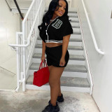 Women Summer Solid Zipper Print Top and Shorts Casual Two-piece Set