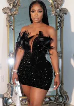 Women sexy sequin V Neck Strapless Feather Bodycon dress