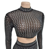 Women Solid Beaded Mesh Top and Pants Two-piece Set
