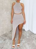 Women's Summer Sleeveless Slim Vest Irregular Long Skirt Two Piece Set