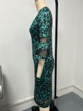 Women Print Bell Bottom Sleeve V-neck Chic Mesh Patchwork Bodycon Dress