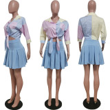 Women Striped Print Three-quarter Sleeve Shirt and Skirt Two-piece Set