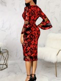 Women Print Bell Bottom Sleeve V-neck Chic Mesh Patchwork Bodycon Dress