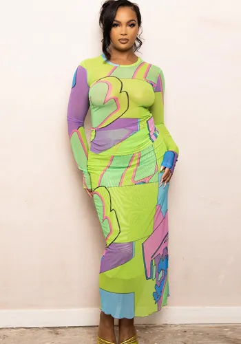 Fashion Print Round Neck Long Sleeve Top Slim Long Skirt Two Piece Set