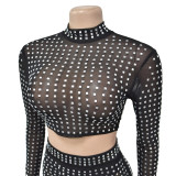 Women Solid Beaded Mesh Top and Pants Two-piece Set