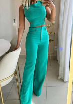 Women Casual Chic Solid Button Top and Pant Two-piece Set