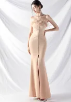 Women ostrich feather satin Maxi evening dress