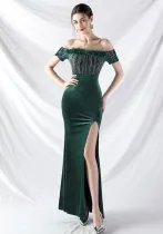 Women ostrich feather velvet Off Shoulder evening dress