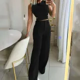 Women Casual Chic Solid Button Top and Pant Two-piece Set