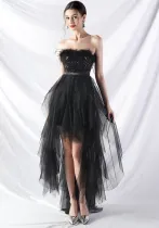 Women ostrich feather sequin mesh wrap chest evening dress