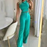 Women Casual Chic Solid Button Top and Pant Two-piece Set
