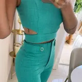 Women Casual Chic Solid Button Top and Pant Two-piece Set