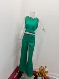 Women Casual Chic Solid Button Top and Pant Two-piece Set