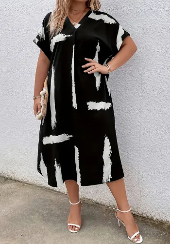 Plus Size Women long dress V-neck short sleeve printed loose dress