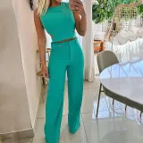 Women Casual Chic Solid Button Top and Pant Two-piece Set