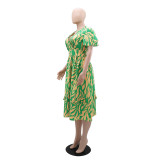 Women Ruffle V Neck Short Sleeve Slim Waist Chic Midi Dress