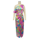 Fashion Women's Sexy Tie-Dye Printed Slash Shoulder High Slit Long Dress