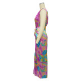 Fashion Women's Sexy Tie-Dye Printed Slash Shoulder High Slit Long Dress