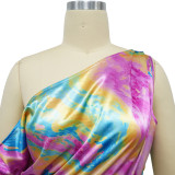 Fashion Women's Sexy Tie-Dye Printed Slash Shoulder High Slit Long Dress