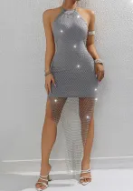 Fishnet Rhinestone Halter Neck Low Back Dresses
