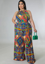 Women's Casual Printed Sleeveless Belt Wide Leg Plus Size Jumpsuit