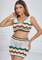 Summer Fashion Contrast Sexy V-Neck Crop Vest High Waist Slim Short Skirt Two Piece Set